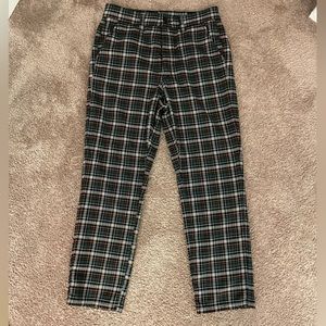 Green, tan, white and black plaid straight leg pants